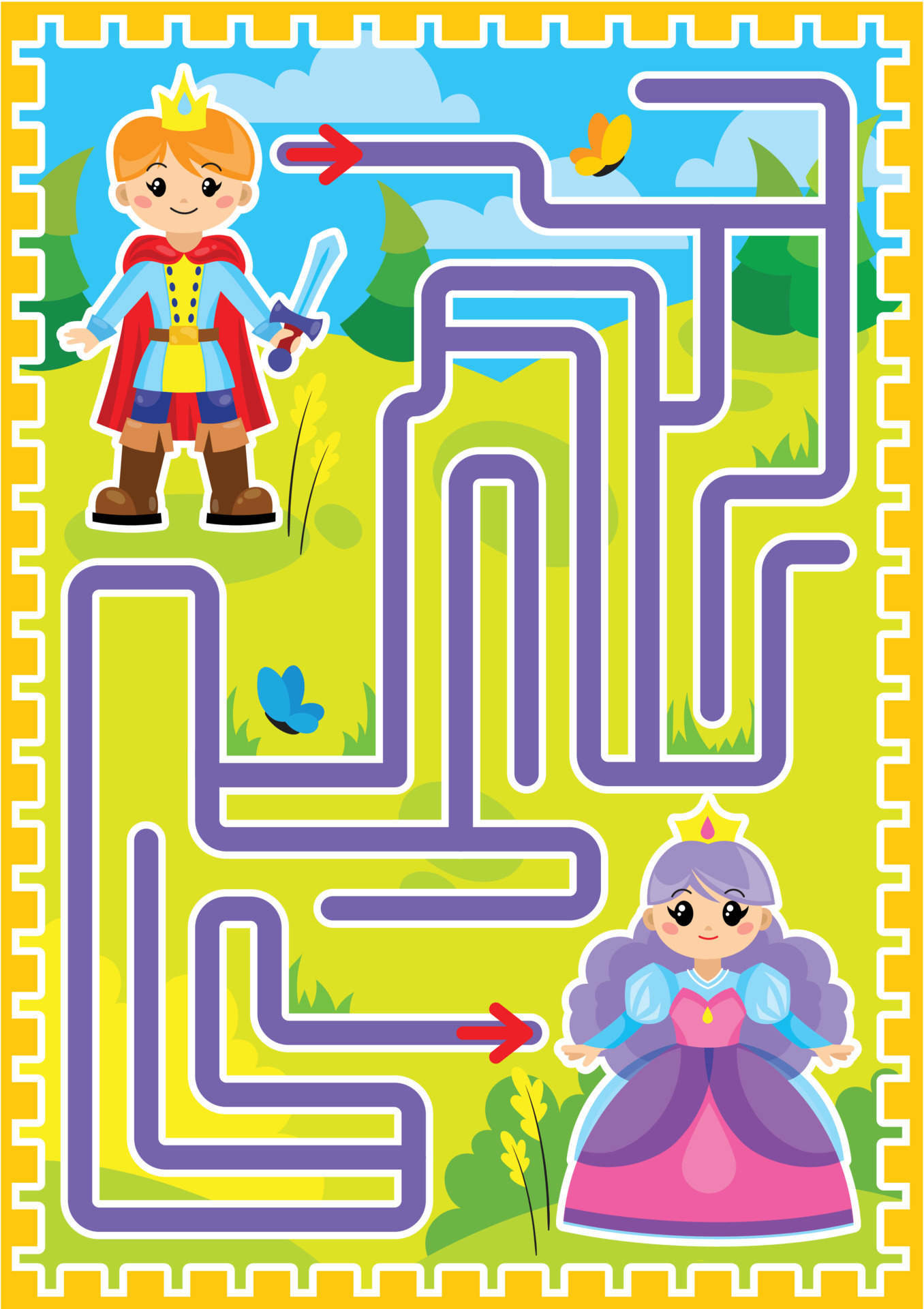 labirinto, estrada ou caminho do príncipe para a princesa pelos campos e  florestas. jogo de quebra-cabeça infantil para o livro. 8856249 Vetor no  Vecteezy